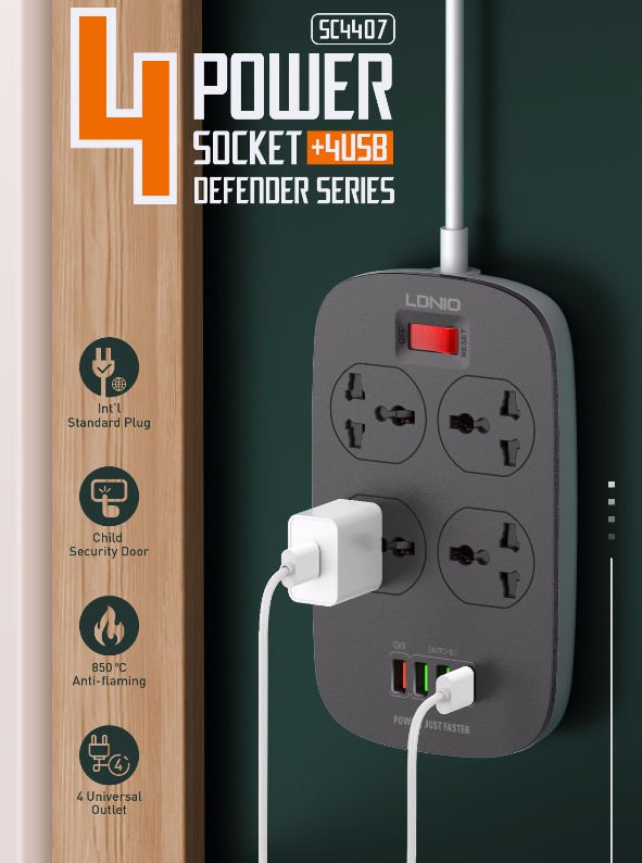 LDNIO Power Strip SC4407Q 4 Port with 4 USB QC3.0 EU